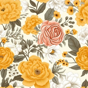 Roses and Florals Wall Art Fabric Light White and Gold Naive Style Print Vintage Pastel Color Sophisticated Mid-Century Modern Kitchen Wallpaper Line Work Yellow Pink Orange 