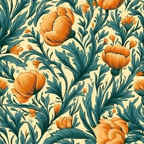 Floral Vintage Wallpaper pointillist florals vintage inspired poppies orange yellow vines mid-century 