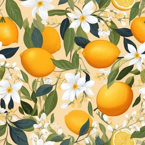 Fresh Citrus Oranges Floral Light Spring Kitchen Powder Room Bathroom Wall Paper Pantry Nostalgic Mid Century Modern Vintage 