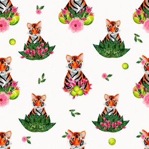 Watercolor Tennis Tigers on White 18x18 - Tennis Balls Pink Spring Flowers Court Sports Cute Kids Fabric Fabri