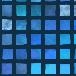 (L) Watercolor Grid Squares Blue Skies Batik Inspired on Dark Blue 