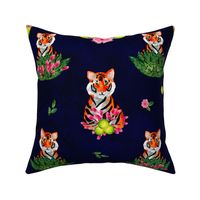 Watercolor Tennis Tigers on Navy 21x21 - Tennis Balls Pink Spring Flowers Court Sports Cute Kids Fabric