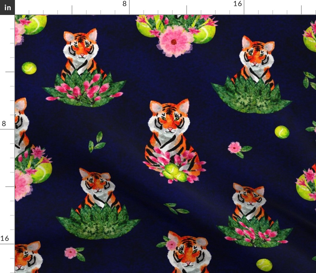 Watercolor Tennis Tigers on Navy 21x21 - Tennis Balls Pink Spring Flowers Court Sports Cute Kids Fabric