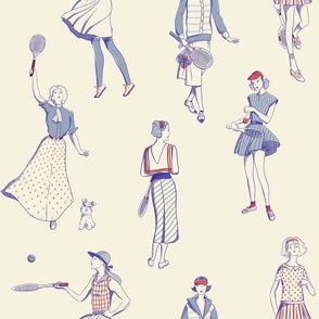 Vintage Tennis Court Ladies' Fashion | Red  Blue on Cream | 18'