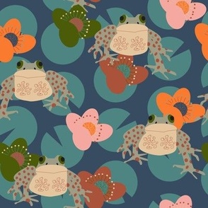 Small modern ditsy decorative flowers, lilly pads and frogs in spring for fabric or wallpaper.