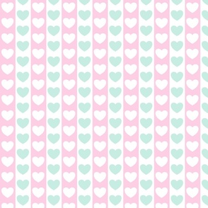 modern geometric pink aqua and white hearts and vertical stripes