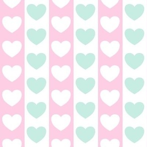 modern geometric pink aqua and white hearts and vertical stripes