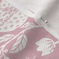 Block Print Textured Wren in Hedgerow with Leaves, Flowers and Berries in Soft Pink and White (Large Scale)