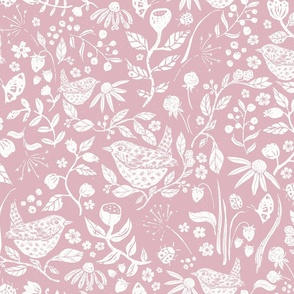 Block Print Textured Wren in Hedgerow with Leaves, Flowers and Berries in Soft Pink and White (Large Scale)