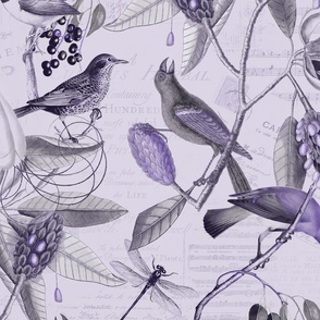 Vintage Magnolia Flowers And Birds Pattern Purple Large Scale