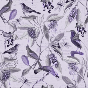 Vintage Magnolia Flowers And Birds Pattern Purple Medium Scale