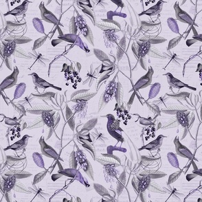 Vintage Magnolia Flowers And Birds Pattern Purple Smaller Scale