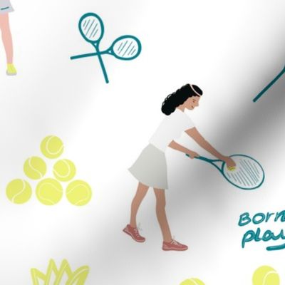 women playing tennis, tennis bats, tennis balls-small