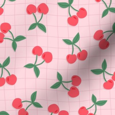 Cherries on wavy gingham pink