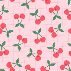 Cherries on wavy gingham pink