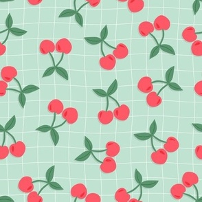 Cherries on wavy gingham soft mint