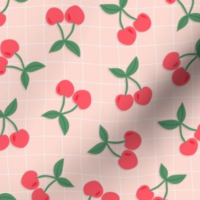 Cherries on wavy gingham soft peach