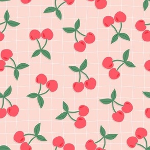 Cherries on wavy gingham soft peach
