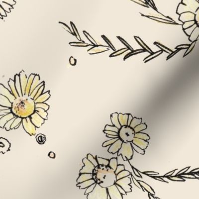 Medium Small Scattered Spring Hand Drawn Yellow Daisies on Honey Peach 