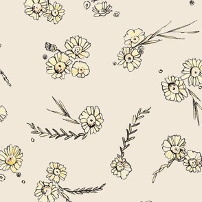 Medium Small Scattered Spring Hand Drawn Yellow Daisies on Honey Peach 