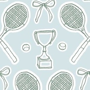 Court Sports Vintage Tennis Trophies in Green on Light Blue - 6" Fabric