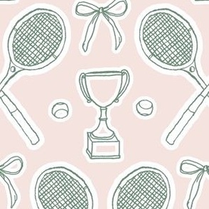 Court Sports Vintage Tennis Trophies in Green on Light Pink - 6" Fabric