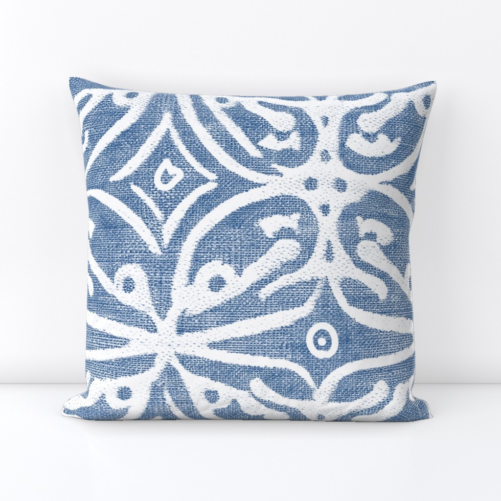 Boho Rubber Blockprint Off-white ornaments on blue with linen structure - large scale