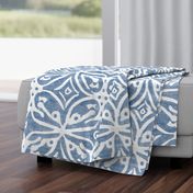 Boho Rubber Blockprint Off-white ornaments on blue with linen structure - large scale