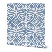 Boho Rubber Blockprint Off-white ornaments on blue with linen structure - large scale