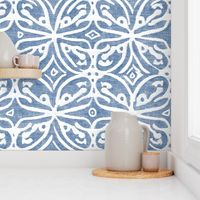 Boho Rubber Blockprint Off-white ornaments on blue with linen structure - large scale