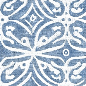 Boho Rubber Blockprint Off-white ornaments on blue with linen structure - large scale