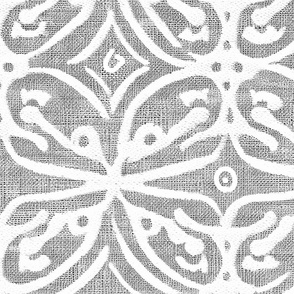 Boho Rubber Blockprint Off-white ornaments on grey with linen structure - large scale