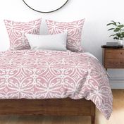 Boho Rubber Blockprint Off-white ornaments on pink with linen structure - large scale