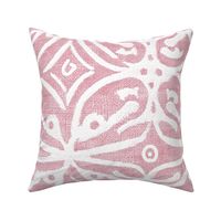 Boho Rubber Blockprint Off-white ornaments on pink with linen structure - large scale