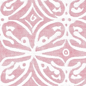 Boho Rubber Blockprint Off-white ornaments on pink with linen structure - large scale