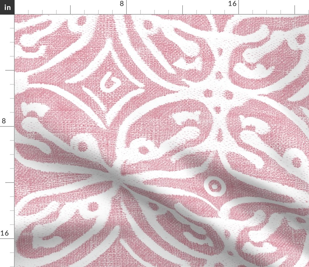 Boho Rubber Blockprint Off-white ornaments on pink with linen structure - large scale