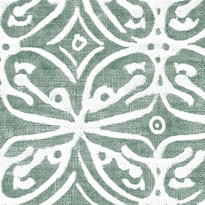 Boho Rubber Blockprint Off-white ornaments on dark green with linen structure - large scale