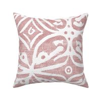 Boho Rubber Blockprint Off-white ornaments on red with linen structure - large scale