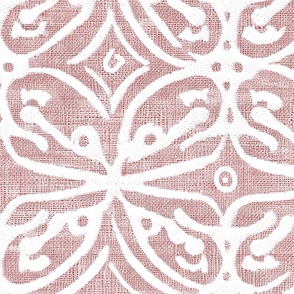 Boho Rubber Blockprint Off-white ornaments on red with linen structure - large scale