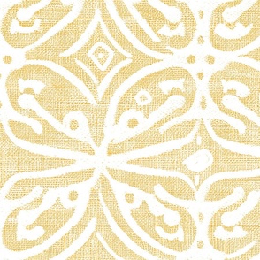 Boho Rubber Blockprint Off-white ornaments on bright sunflower yellow with linen structure - large scale