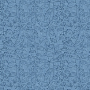 Large - Hand drawn indigo denim leaves and vines of the inch plant on a chambray blue, faux denim woven textured background. 