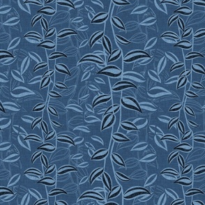 Large - Hand drawn indigo denim leaves and vines of the inch plant on a chambray blue, faux denim woven textured background. 