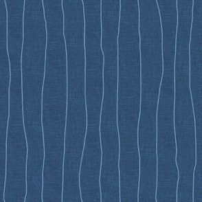 Medium - Chambray denim grungy, wavy, hand drawn stripes on an indigo blue, faux denim woven textured background. 
