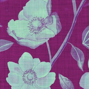 Hand-painted plum & sage anemones with linen texture (jumbo/ extra large scale) 