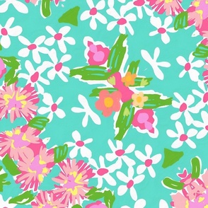Preppy pink and white daisies on turquoise chevron