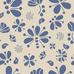 (M) Cosmic Modern Floral | Blue Nova on Muslin Cream | Med Scale