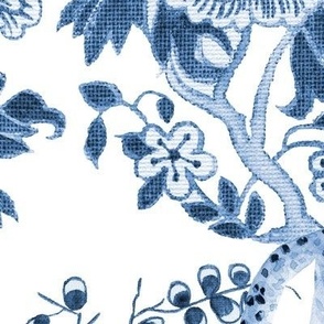 36" Chinoiserie blue and white floral with a Pagoda, willow trees, peacock, birds, dragonflies and stylized flowers by Audrey Jeanne ©