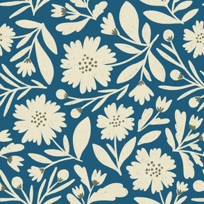 LARGE Flower Power creamy white on dark blue with hints of olive green