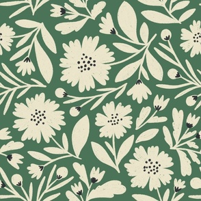 LARGE Flower Power creamy white on dark green with hints of black