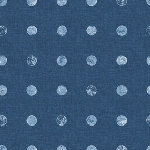 Small - Chambray denim polka dots on an indigo blue, faux denim woven textured background. 